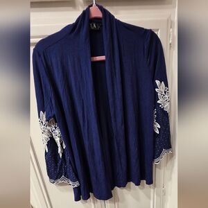 Ecla Women's Navy Blue Lightweight Cardigan with White Embroidery ~ Size Small